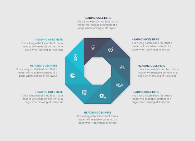 Infografía, diseño de plantilla con 8 pasos u opciones, flujo de trabajo o diagrama de proceso