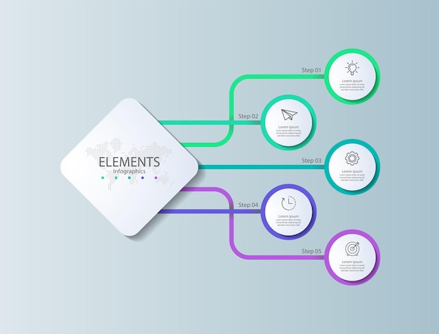 Infografía de elementos de presentación con cinco pasos.