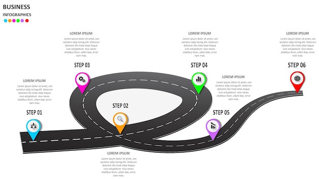 Infografía empresarial abstracta en forma de una carretera de automóvil con marcas viales, marcadores