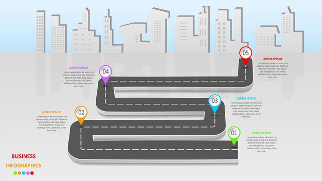 Infografía empresarial abstracta en forma de una carretera de automóvil con marcas viales, marcadores