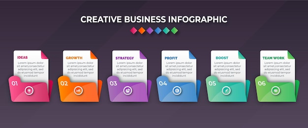 Infografía empresarial colorida con seis pasos