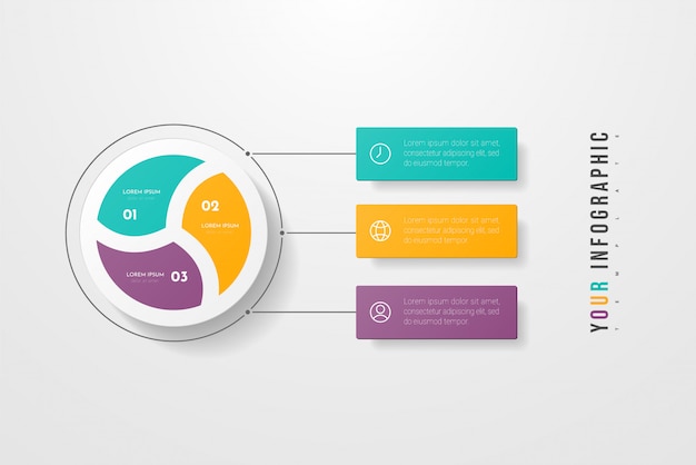 Infografía empresarial estilo círculo con tres opciones, pasos o procesos. Infografía circular o de ciclo. Se puede utilizar para el diseño del flujo de trabajo, banner, diagrama, web, educación.