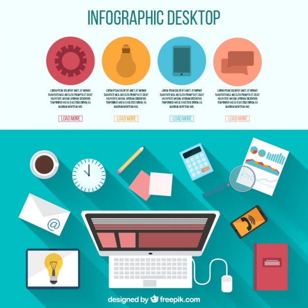 Infografía de escritorio con elementos de oficina