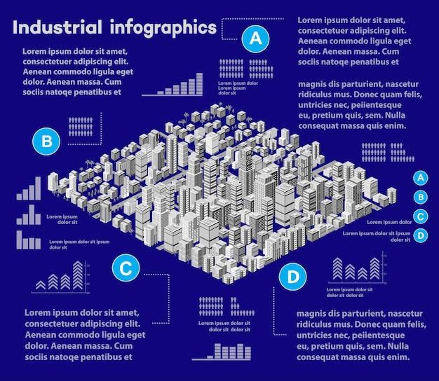 Infografía de fábrica industrial isométrica de la ciudad hay ilustración de diagrama 3d