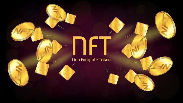 Vector infografía de fichas no fungibles nft con fichas y monedas únicas de oro volador sobre fondo oscuro pague por coleccionables únicos en juegos o arte banner o encabezado para el sitio web ilustración vectorial