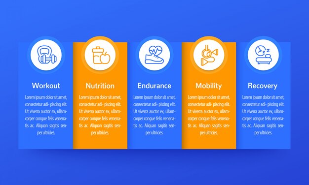 Infografía de fitness, banner con iconos