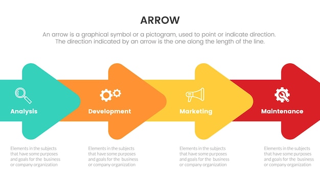 Infografía de flecha con concepto de dirección horizontal para presentación de diapositivas con lista de 4 puntos y dirección de forma de flecha