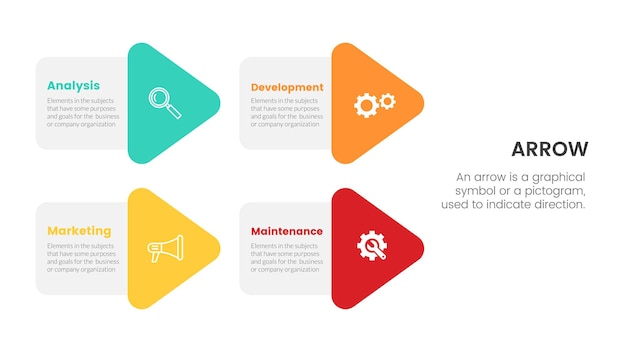 Infografía de flecha con concepto de flecha de pila para presentación de diapositivas con lista de 4 puntos y dirección de forma de flecha