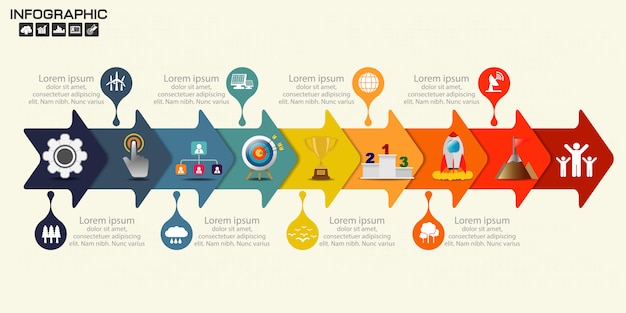 Infografía flecha diseño plantilla nueve pasos