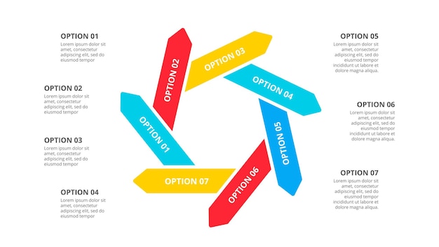 Infografía de flechas vectoriales. diagrama de ciclo con 7 opciones. plantilla de negocio para presentación.