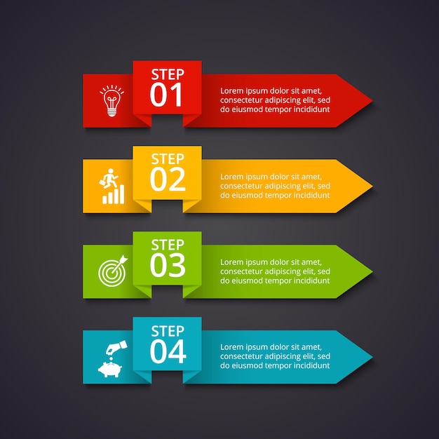 Infografía de flechas vectoriales en un fondo oscuro Concepto de negocio con 4 opciones o procesos