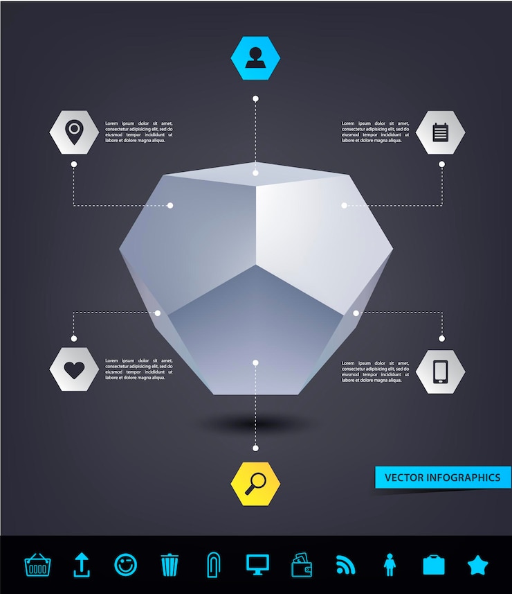 Vector infografía de formas 3d geométricas abstractas vectoriales con un conjunto de varios iconos web uso para anuncios de informes de presentación, etc.