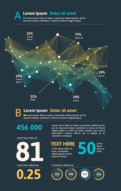 Infografía futurista. Estética de la información. Visualización gráfica de hilos de datos complejos. Gráfico de datos abstractos.