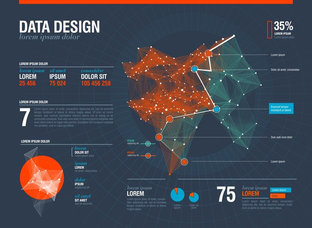 Infografía futurista. Estética de la información. Visualización gráfica de hilos de datos complejos. Gráfico de datos abstractos.