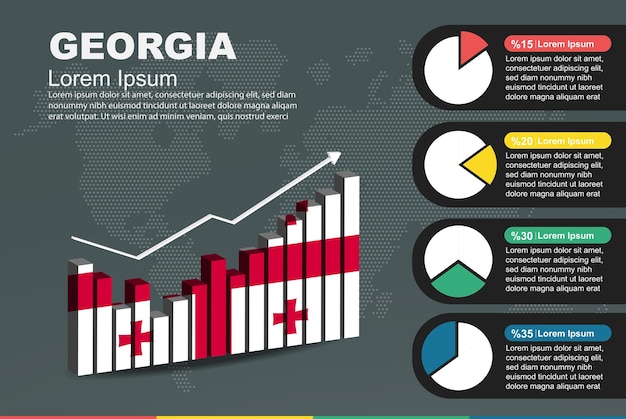 Vector infografía de georgia con barra 3d y gráfico circular que aumenta la bandera de valores en el gráfico de barras 3d