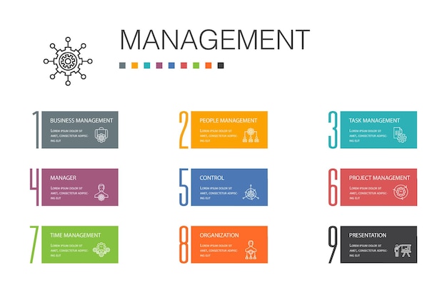 Infografía de gestión 10 concepto de línea de opción. Gestor, control, organización, iconos de presentación
