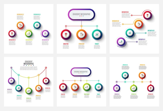 Infografía de gradiente vectorial y elementos de marketing con 3 4 5 y 6 opciones de pasos o procesos