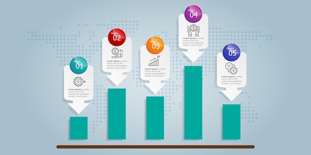 Infografía de gráfico de crecimiento horizontal abstracto 5 pasos con plantilla de icono para fondo de ilustración de vector de presentación y negocios