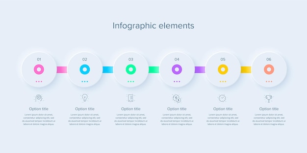 Infografía de gráfico de proceso empresarial con 6 pasos en la plantilla de diapositiva de neumorfismo
