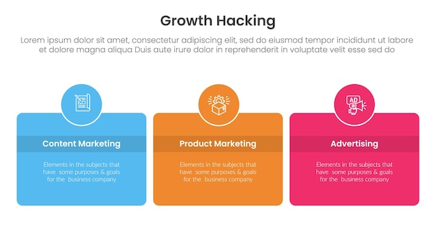 Infografía de hacking de crecimiento 3 puntos con caja redonda y insignia de círculo en el centro con dirección horizontal para la presentación de diapositivas