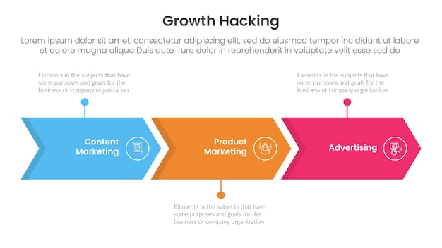 infografía de hacking de crecimiento 3 puntos con flecha dirección derecha línea horizontal para presentación de diapositivas