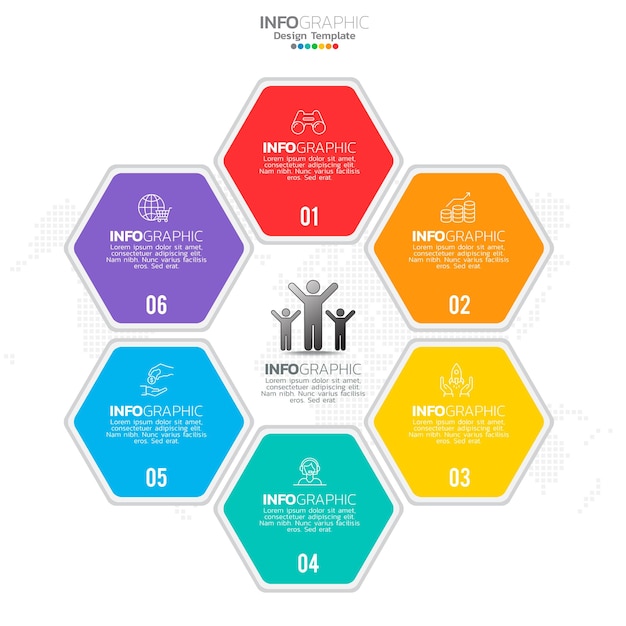 Infografía hexagonal con 6 opciones de pasos o procesos de piezas