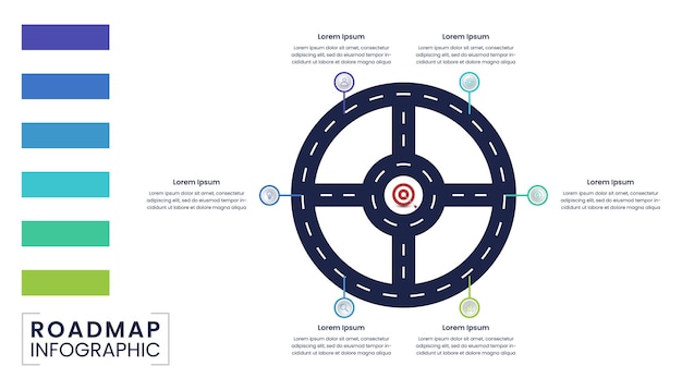 Infografía de hoja de ruta circular con iconos de seis pasos u opciones
