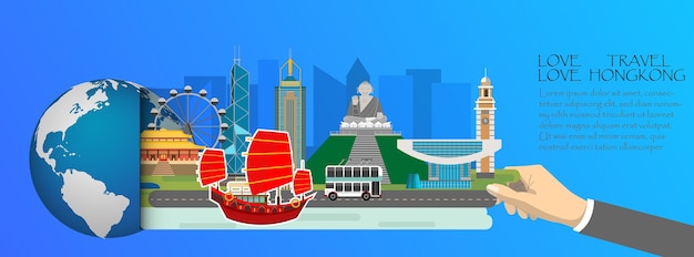Infografía de Hong Kong, global con puntos de referencia de Hong Kong