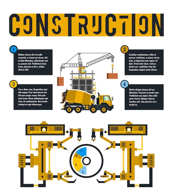 Vector infografía de ilustración vectorial en el sitio de construcción diagrama rodeado de brazos robóticos letras en el fondo aislado mezclador de concreto para edificio sin terminar de fondo y grúa