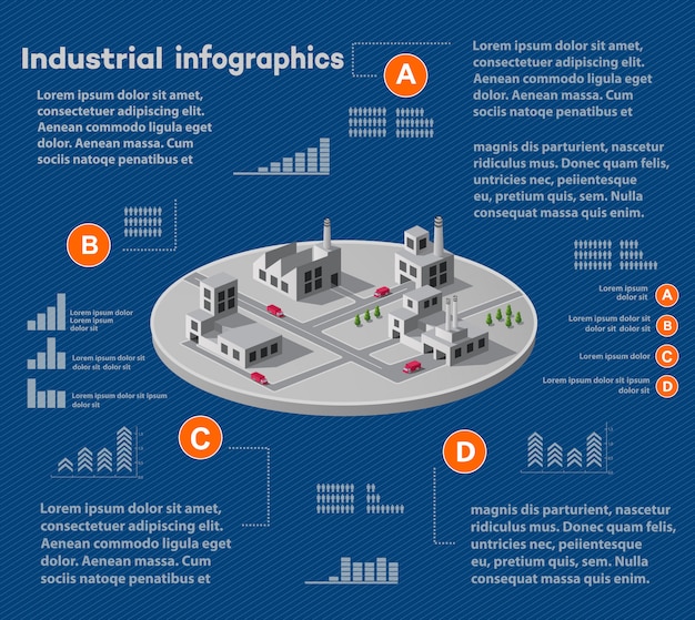 Infografía industrial con planta isométrica.