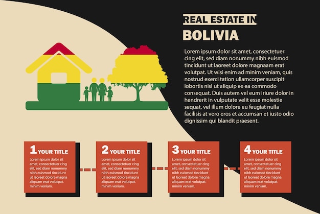 Infografía inmobiliaria con bandera de Bolivia idea residencial o de inversión comprando casa o propiedad