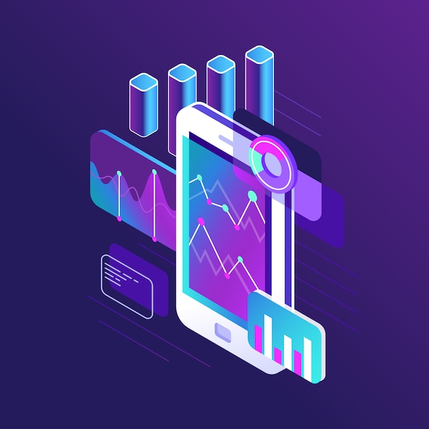 Vector infografía de investigación de datos, gráfico de tendencias y gráficos de estrategias de negocios analíticas sobre el desarrollo de diagramas de flujo de pantallas de teléfonos inteligentes