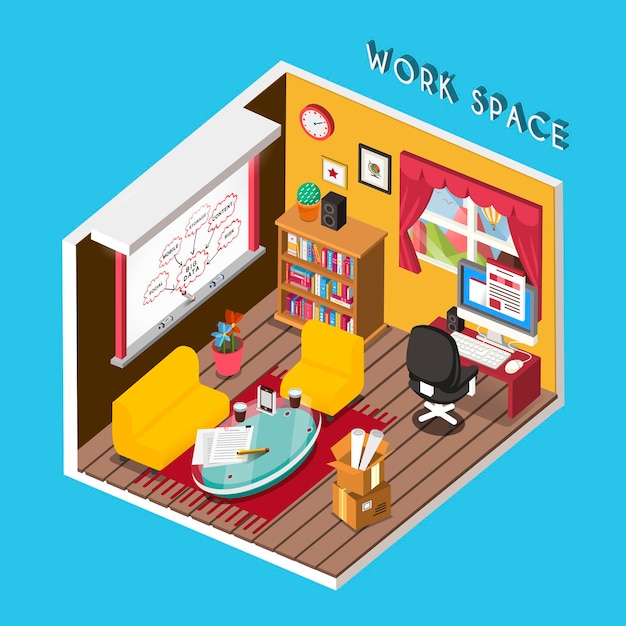 Infografía isométrica 3d para un espacio de trabajo acogedor sobre azul