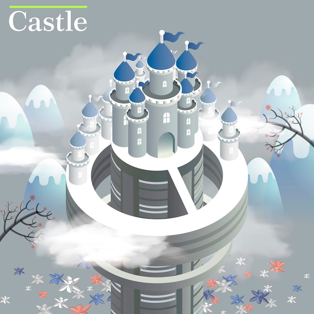 Infografía isométrica 3d con majestuoso castillo blanco