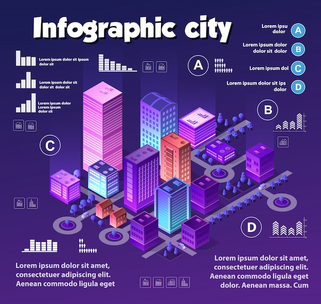 Infografía isométrica de la ciudad de neón de colores violetas