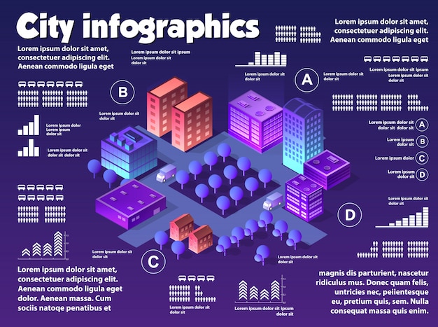 Infografía isométrica de la ciudad de neón de colores violetas
