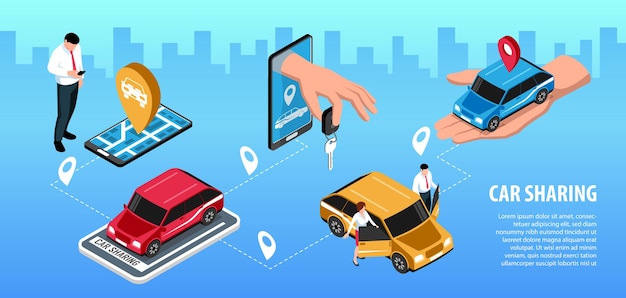 Infografía isométrica para compartir coche.
