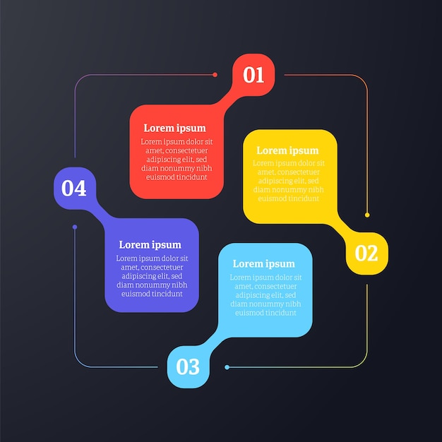 Infografía en línea de tiempo de 4 pasos con bloques de colores en fondo oscuro
