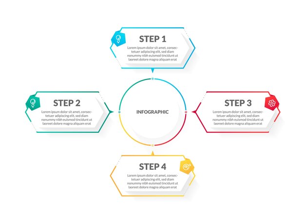 Infografía de línea de tiempo de 4 pasos colorido blanco moderno. perfecto para presentaciones, diagramas de procesos, flujo de trabajo y pancartas