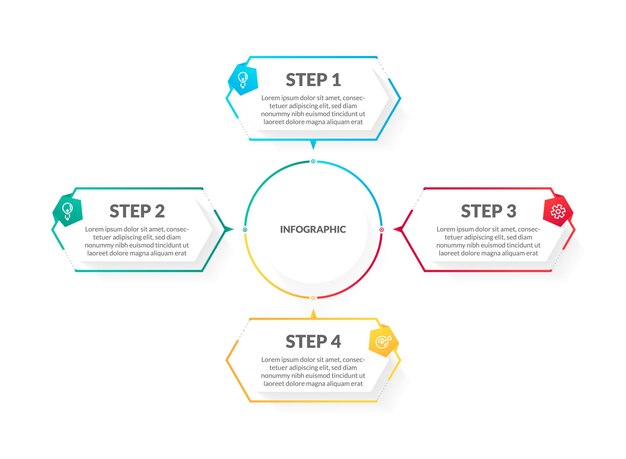 Infografía de línea de tiempo de 4 pasos colorido blanco moderno. perfecto para presentaciones, diagramas de procesos, flujo de trabajo y pancartas