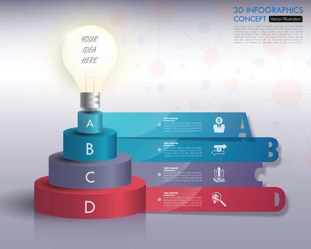 Infografía de línea de tiempo de bombilla 3d con iconos establecidos ilustración vectorial