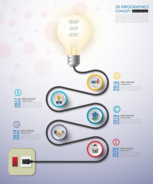 Infografía de línea de tiempo de bombilla 3d con iconos establecidos ilustración vectorial