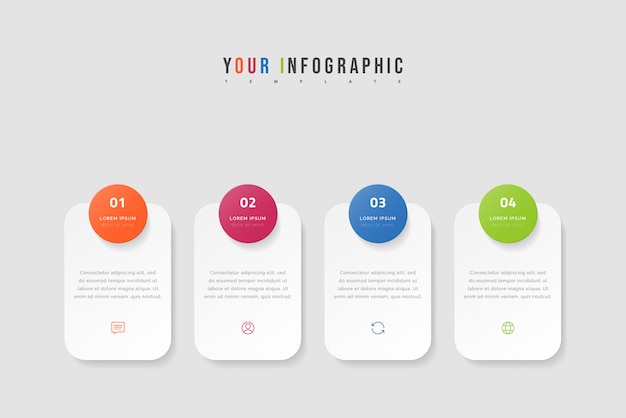 Infografía de línea de tiempo con cuatro opciones, pasos o procesos. Diseño de plantillas coloridas