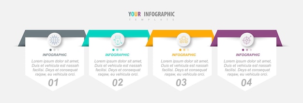 Infografía de línea de tiempo con cuatro opciones, pasos o procesos de diseño de plantillas coloridas