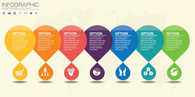 Infografía de línea de tiempo y flecha con icono y opciones.