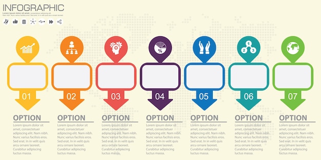 Infografía de línea de tiempo y flecha con icono y opciones.