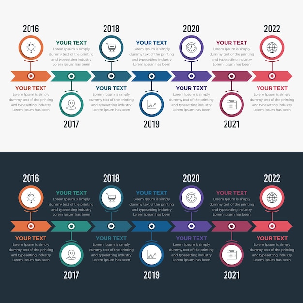 Vector infografía de línea de tiempo horizontal con fondo claro y oscuro