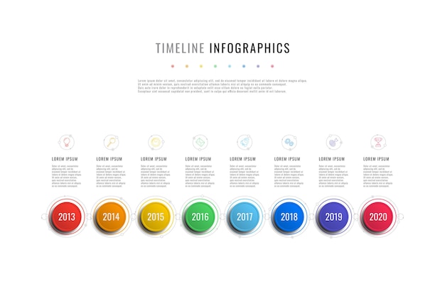 infografía de línea de tiempo horizontal con indicadores de año de elementos redondos y cuadros de texto en un blanco