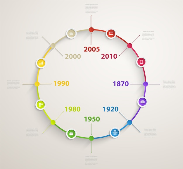 Infografía de línea de tiempo con iconos de negocios. diagrama circular del flujo de trabajo por años.