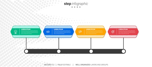 Infografía de línea de tiempo con infochart Plantilla de presentación moderna con 4 pasos para el proceso de negocio